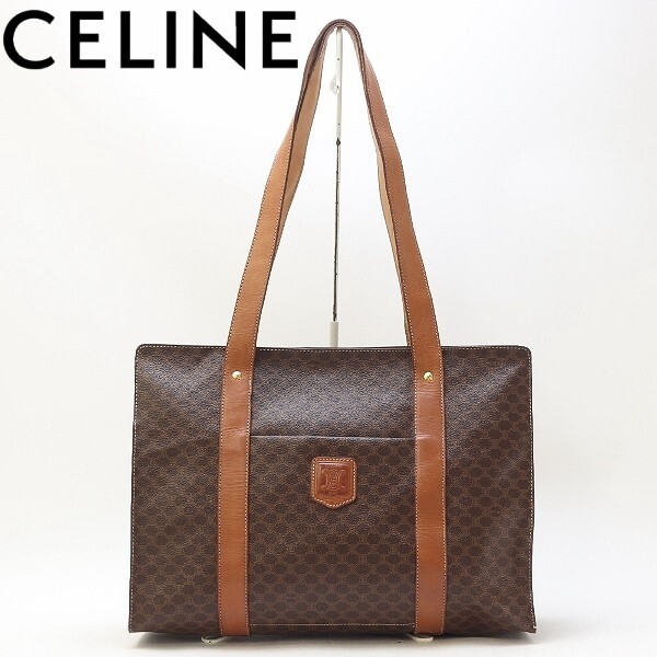 ◆CELINE セリーヌ PVC×レザー マカダム柄 肩掛け ショルダー トート バッグ ダークブラウン×キャメル拍卖