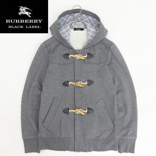 ◆BURBERRY BLACK LABEL バーバリー ブラックレーベル フード裏チェック柄 スウェット 裏毛 ダッフル パーカー グレー 2拍卖