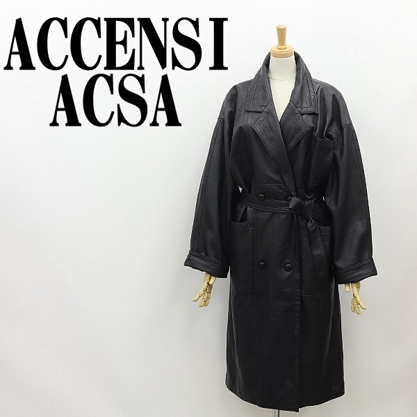 ◆ACCENSI ACSA アクセンシ レザー リボンベルト付 ダブル コート 黒 ブラック 38拍卖