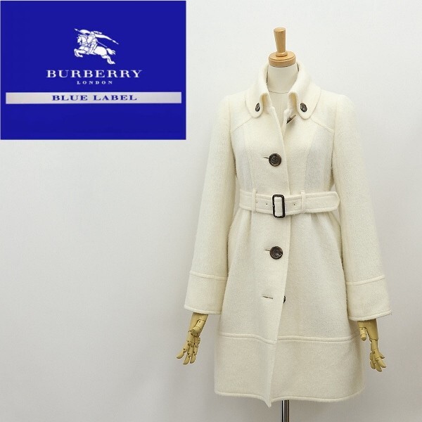 ◆BURBERRY BLUE LABEL バーバリー ブルーレーベル 裏地チェック柄 アルパカ混 ウール ベルテッド コート オフホワイト 36拍卖