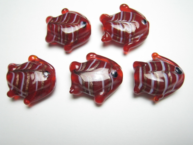 ◎●グラスビーズ 熱帯魚(赤色) トンボ玉  5個セット  とんぼ玉   NO.5-1 ガラスビーズ拍卖