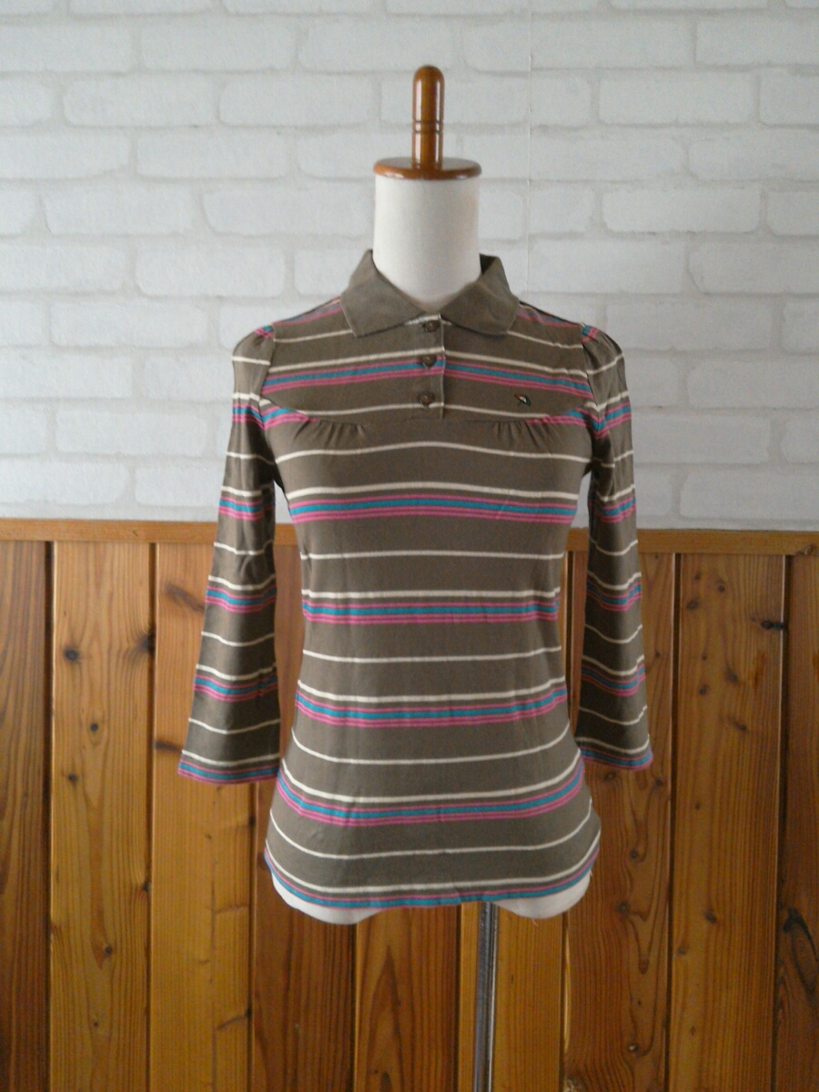 arnold palmer アーノルドパーマー レディース 七分袖 ポロシャツ 1 ブラウン系 ボーダー Sサイズ トップス カットソー 日本製 F拍卖