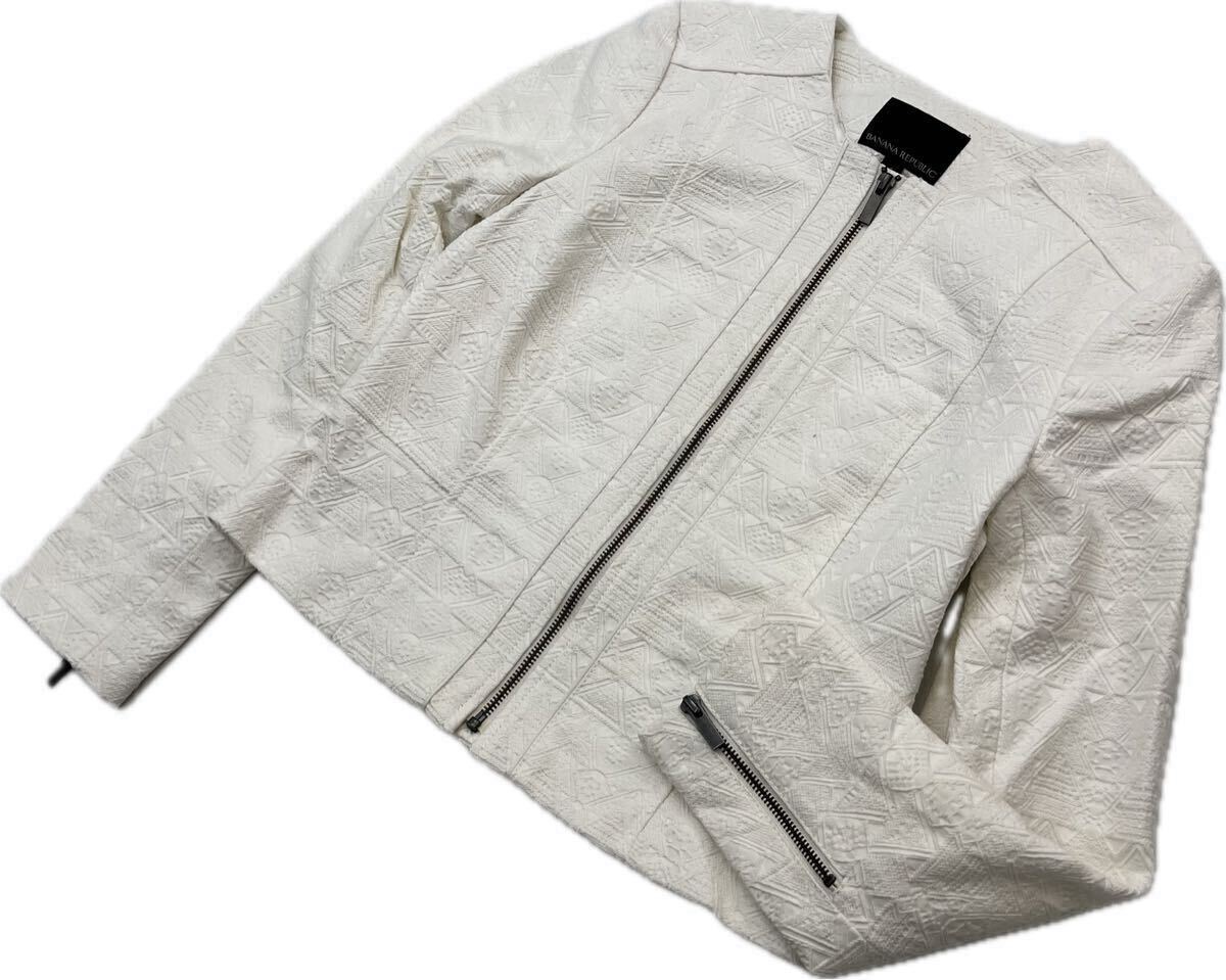 BANANA REPUBLIC バナナリパブリック 気品◎ デザイン テキスタイル ノーカラー ジャケット ホワイト レディース 4 エレガント 秋冬■S3908拍卖