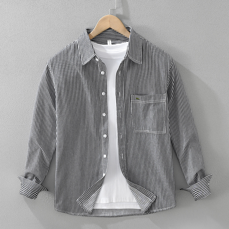 シャツジャケット 長袖シャツ ヴィンテージ ストライプ 春秋 新品 メンズ カジュアル ブラウス トップス【M7512】黒 L拍卖