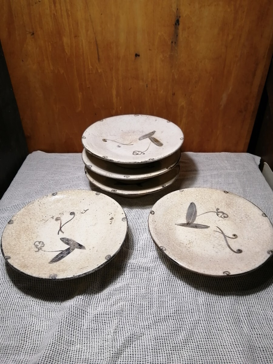 絵志野台皿 5枚 明治 在銘(〇逸) 合箱 志野 織部 中皿 盛皿 和食器 瀬戸 美濃 SN02g8 拍卖