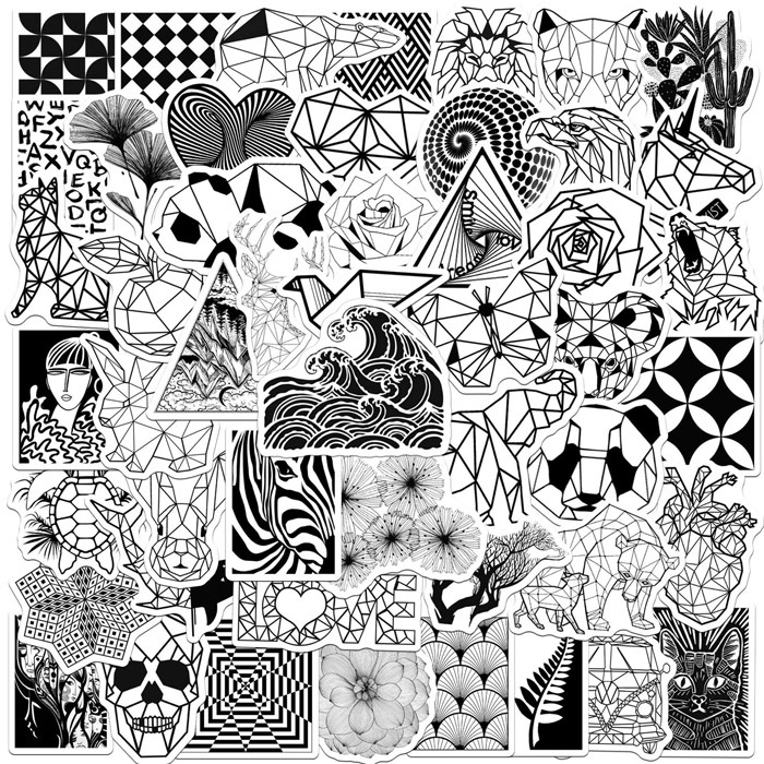 50枚 ステッカー モノクロ 幾何学模様 防水 耐水 シール 詰め合わせ 0984拍卖