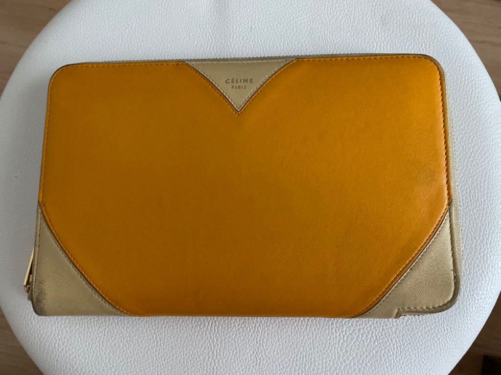 ★セリーヌ CELINE ハート 財布 イエロー×ベージュ 長財布 ラージジップ マルチファンクション レザー ラウンドファスナー拍卖
