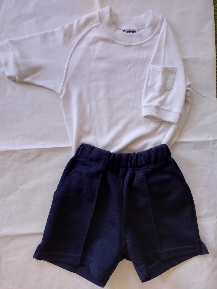 ★子供用 体操着 上下セット 半袖 120 体操服 白 ネイビー 短パン 120拍卖