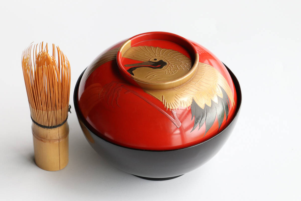 木製漆器 日の出鶴 金蒔絵 大椀 漆芸 朱塗 黒塗 茶懐石道具【CL6】拍卖