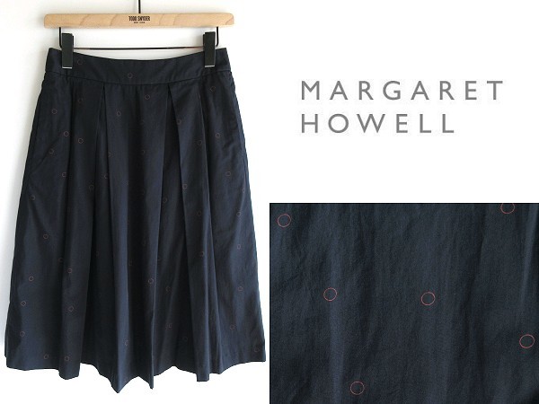 状態良好 MARGARET HOWELL マーガレットハウエル 前タック/後ギャザー サークルドット コットンシルクスカート 1 ネイビー 日本製 MHL.拍卖