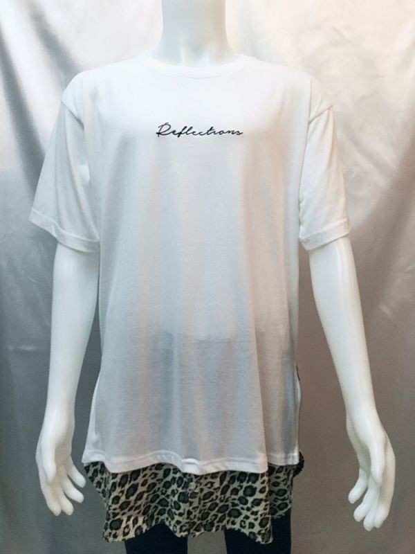 1円!メンズクルーネックTシャツ tシャツ 丸首Tシャツ サイドフアスナー 刺繍 ヒョウ柄すそ デザインTシャツ 白 3L 00156拍卖