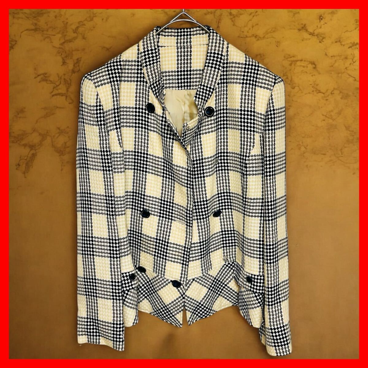 Mサイズ レディース ヴィンテージ チェック柄 ジャケット 個性派デザイン ブラック イエロー ダブルボタン 秋冬コーデ おしゃれアイテム拍卖