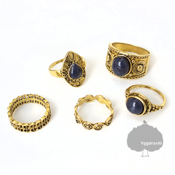 YGG★新品 アンティーク リング エスニック ゴールドカラー 金色 5点セット 石 レディース 指輪 ファランジ拍卖