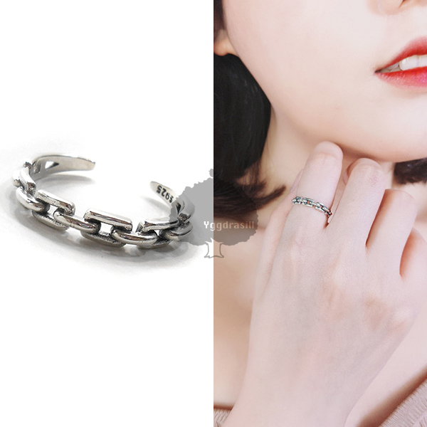 YGG★細 六角 チェーン 1連 デザイン リング 指輪 シルバー925 フリーサイズ 鎖 細め シンプル拍卖
