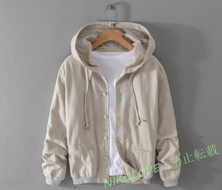 新品 春夏ジャケット メンズ フード付き リネンジャケット スプリングコート 綿麻 ジャンパー ブルゾン スタジャン アウター カーキ LF780拍卖