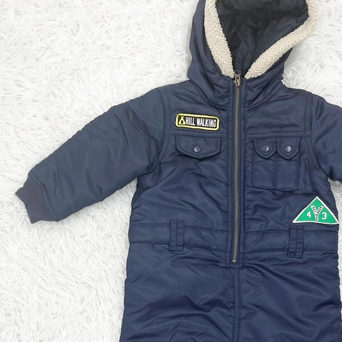 【A1353】 F.O.KIDS エフ・オー・キッズ ベビー ダウンロンパース 上下つなぎ あったか フード付き スノーコンビ ネイビー 冬用 90cm拍卖