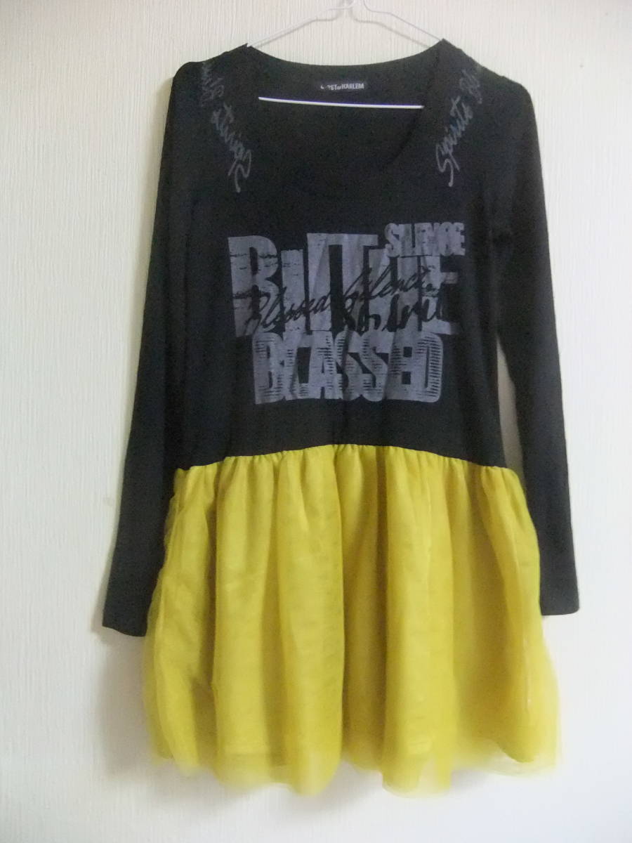 GHOST of HARLEM★ドッキングチュニックワンピース★黒プリントロングTシャツ×マスタードチュールミニスカート/ゴーストオブハーレム拍卖