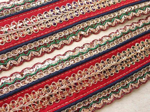 即決 スパンコールチロリアンテープ 赤☆手芸 エスニック ハンドメイド 民族衣装 インド サリー拍卖