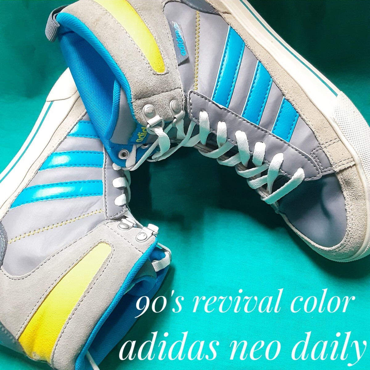 最値!希少海外モデル!90'sリバイバルカラー!アディダス ネオ デイリー高級スニーカー!グレー×ターコイズ×イエロー×ホワイト!灰青白 25.5拍卖