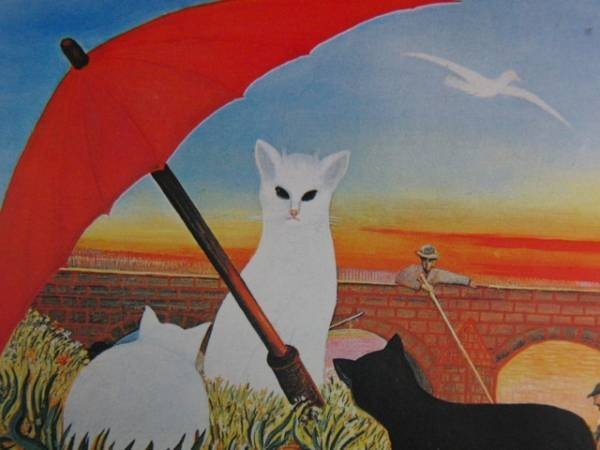 フェルディナン・デスノス、赤い傘の下の猫、希少画集画、新品額装付、状態良好、y321/5拍卖