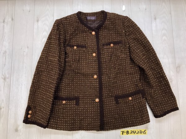 remalon レマロン レディース 肩パッド付き ウール混 ノーカラージャケット 茶拍卖