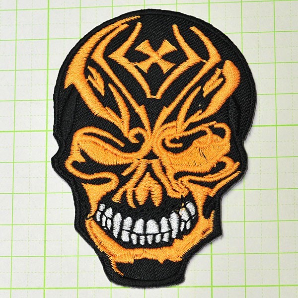 アイロンワッペン・パッチ サイケデリックスカル黒&橙 3 zq拍卖