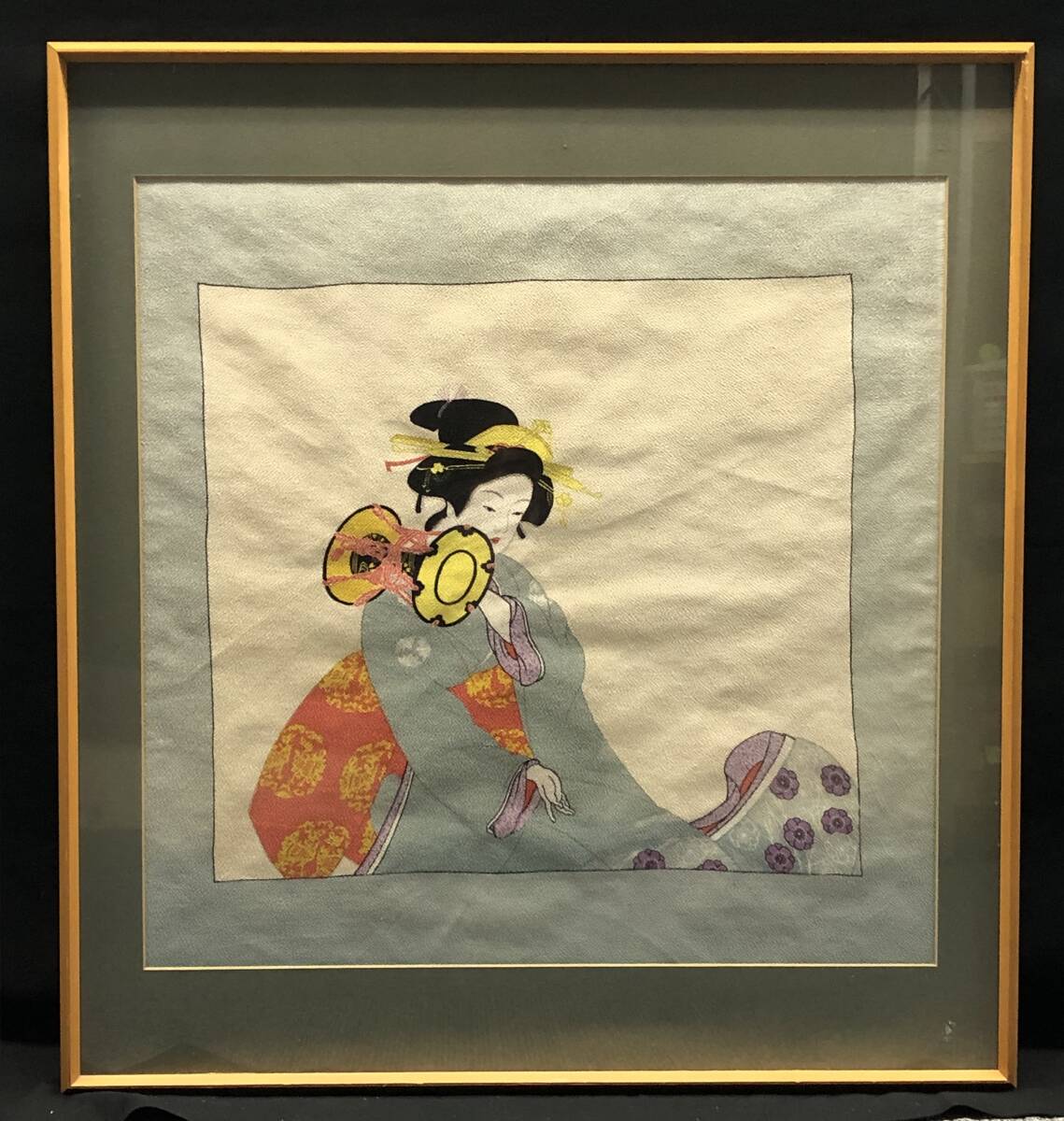 【模写】 額装 美人画 ちりめん 風呂敷? 額:縦82㎝×横76㎝×厚み2㎝拍卖