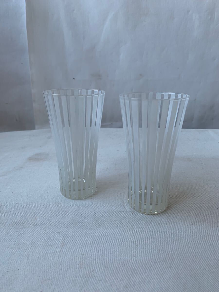 デッドストック ストライプデザインが素敵なグラス2個セット ガラス古道具アンティークビンテージレトロインテリアディスプレイ花器雑貨拍卖