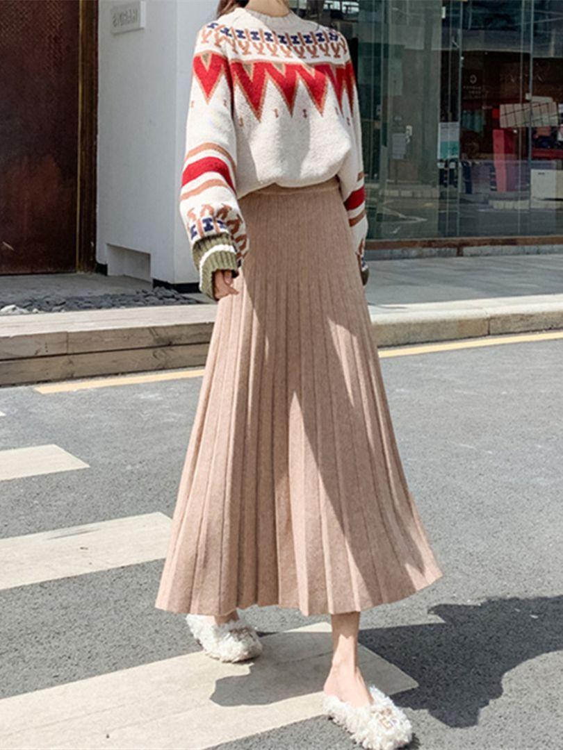 スカート ミモレ丈 プリーツ 無地 シンプル ハイウエスト 秋冬 ニット 厚手 秋 冬 お出かけ デート ショッピング 通勤拍卖
