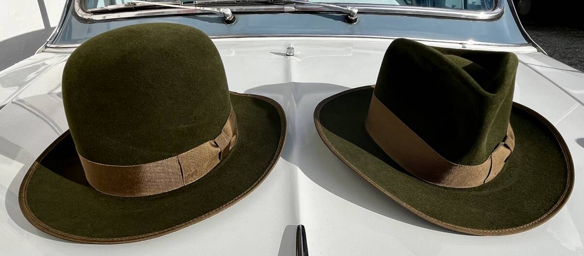 ラビットファー兎毛中折帽ソフトハット紳士ソフト帽ツバ広フロントピンチSTETSONジョニーデップ40s50sビンテージモスグリーン&ブラウン緑拍卖