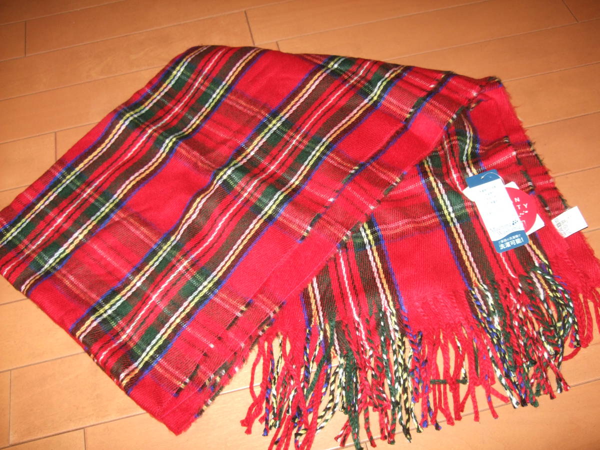 新品タグ即決☆大判チェックストール☆赤系拍卖