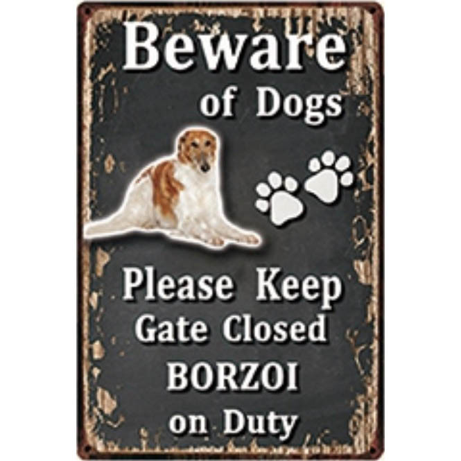 A3191 メタル サイン ブリキ 看板 金属 プレート パネル 注意 警告 危険 防犯 動物 ペット 犬 番犬 猛犬 ボルゾイ 【3868拍卖