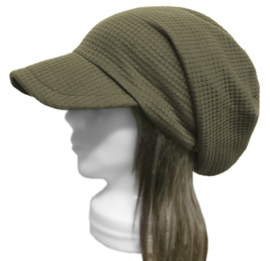 ハンドメイド◆つば広ルーズキャスケット◆ワッフル調コットンニット/オリーブ ◇紫外線対策・ゆったり・小顔効果・長いシーズン着用◇拍卖