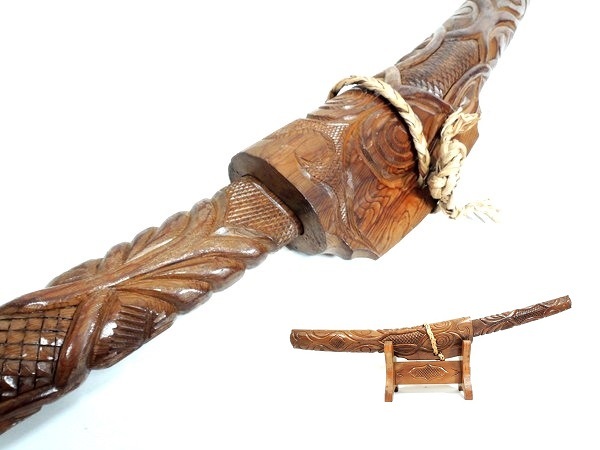 アイヌ美術/大型/アイヌ刀/蝦夷刀/全長:73cm/エムシ/マキリ/タンネプイコロ/タクネプイコロ/拵え/木彫/アイヌ彫/古道具/古民藝/農民美術拍卖