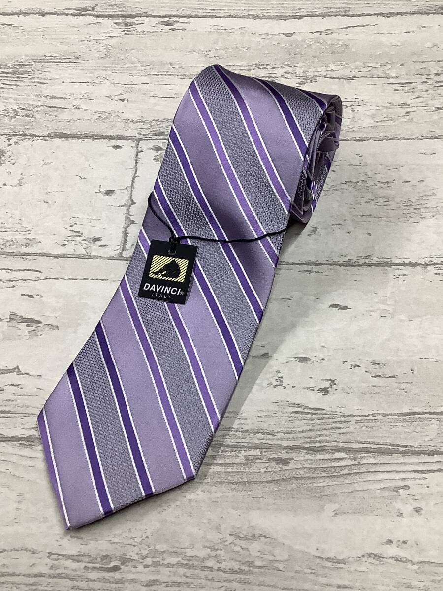 新品未使用 DAVINCI ダヴィンチ 逆ストライプ 綺麗なパープル シルク100% お洒落ネクタイ お買い得拍卖