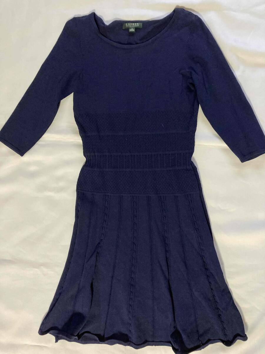 ◆RALPH LAUREN レディース七分袖レース編みニットワンピース・ネイビー Sサイズ / ラルフローレンドレス拍卖