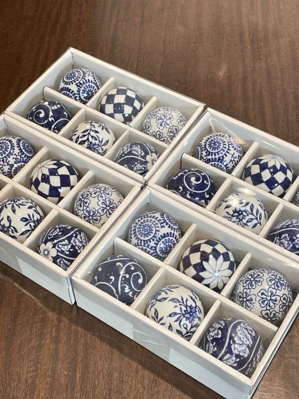 浮き球 浮き玉 青花 陶器製 大 6個セット×4点 水盤 蓮 水鉢 飾り 置物 玉 メダカ鉢 金魚鉢 ブルー 青 インテリア 雑貨拍卖