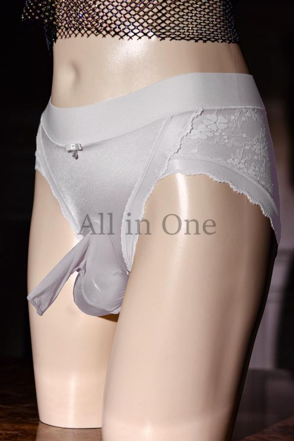 145-351-9 シルキー 光沢 アイスシルク 竿付きパンツ【ライトグレー,Lサイズ】男性 下着 セクシー ショーツ 男の娘 アンダーウェア .1拍卖