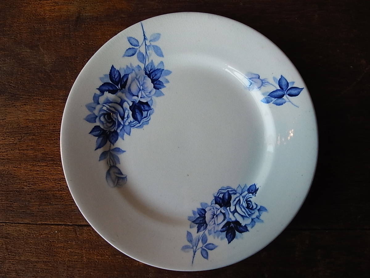 IDEAL IRON STONE CHINA 青いバラの平皿中②/IDE BROS POTTERY 井出製陶 レトロ プレート ばら 薔薇 花拍卖