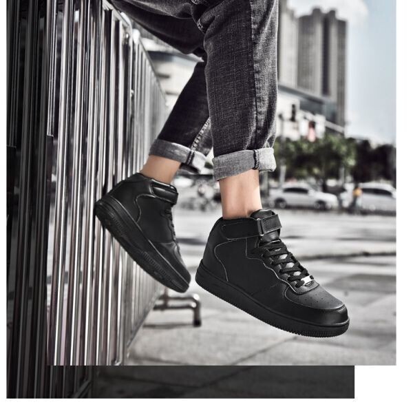 靴 s106 【24.5cm 黒】 ハイカット スニーカー レディース マジックテープ 厚底 シューズ バッシュ PUレザー ブラック 黒スニーカー 通学拍卖