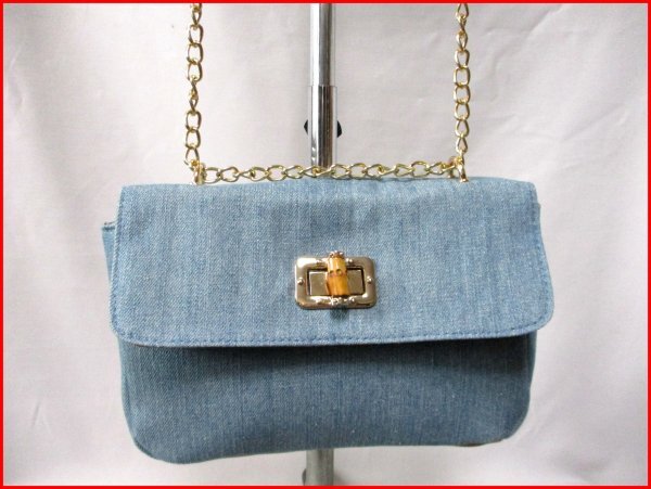 デニム ショルダーバッグ◇ボックス型 サックス チェーンショルダー フラップ付 W26cm拍卖