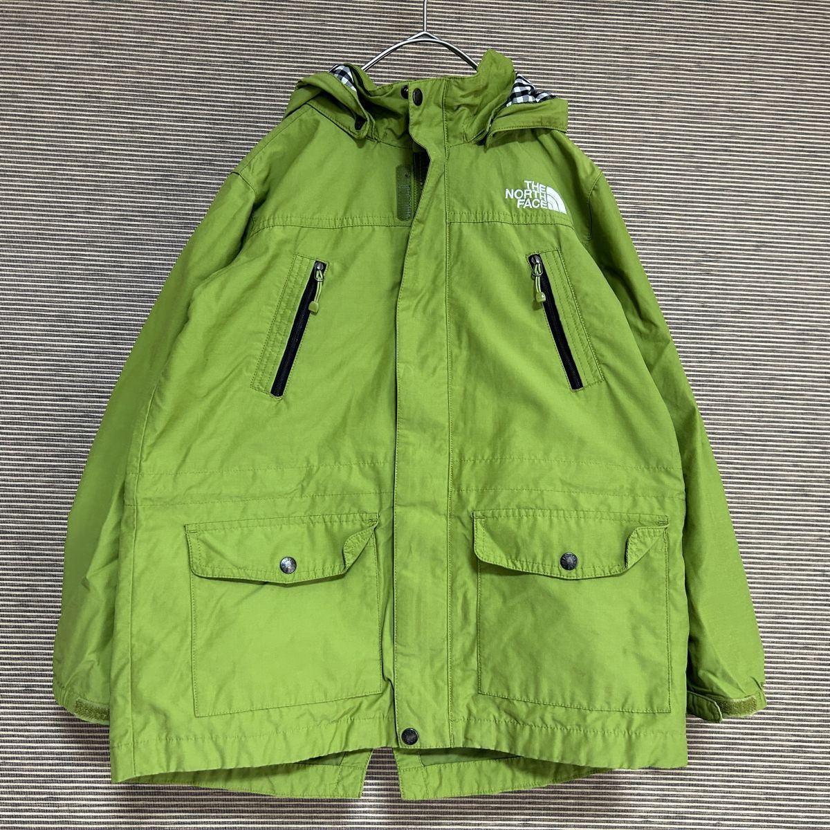 ノースフェイス マウンテンパーカー黄緑グリーン子供130 刺繍 チェックA2 古着 入手困難 激レア 希少 人気 ワンポイント キッズ拍卖