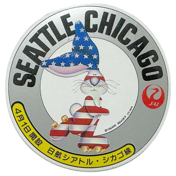 訳有 日本航空 日航シアトル・シカゴ線 開設記念 アメリカンラビット ステッカー CHEWIE NEWGETT JAL STICKER 飛行機 シール コレクション拍卖