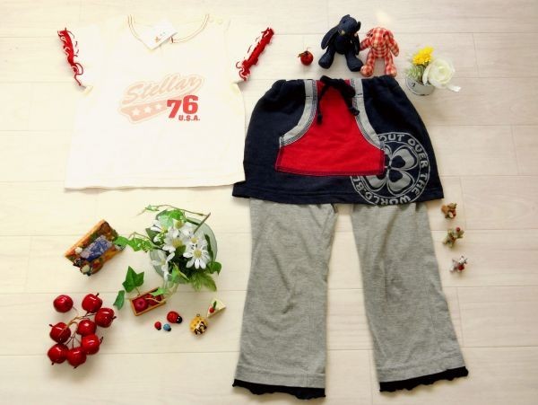 ポケット付きカジュアルスカッツ100㎝&新品タグ付き 半袖Tシャツ90㎝ 2点セット♪ 四つ葉マーク*裾フリル拍卖