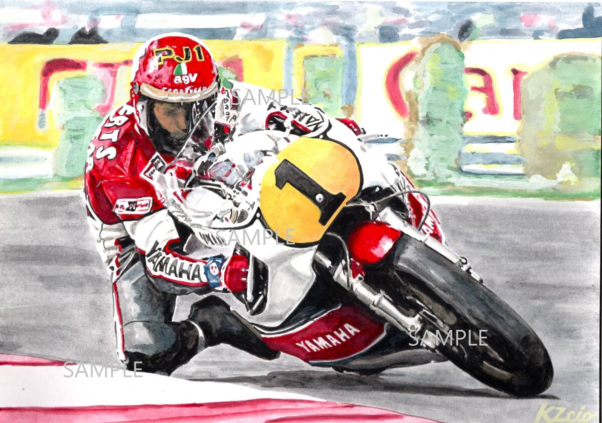A4プリントです ヤマハ YZR500 ケニーロバーツライディング  水彩画 バイクイラスト   拍卖