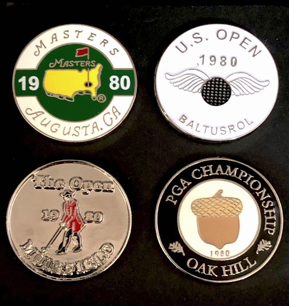 ★全米オープン/全英オープン/全米プロ/マスターズ 1980年4大メジャートーナメント記念 セベ・バレステロス他 ゴルフボール マーカー4点箱拍卖
