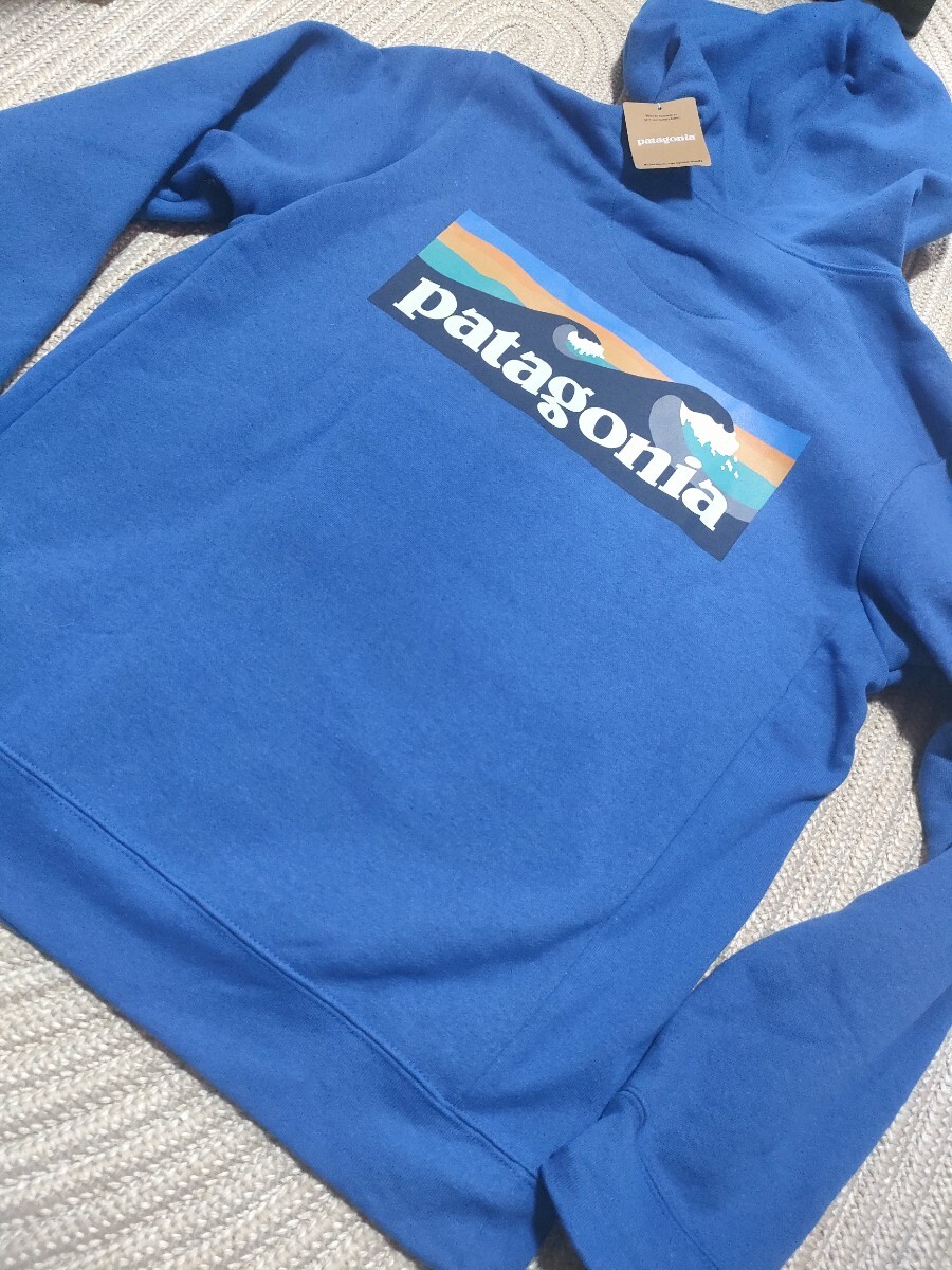 新品 patagonia パタゴニア BOARDSHORT ロゴ スウェットパーカー L ブルー 青 裏起毛 メンズ フーディー拍卖
