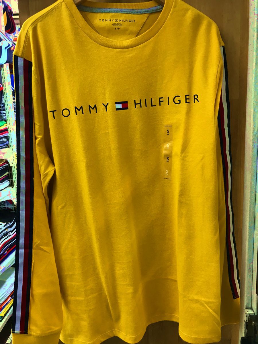 USA正規品 【M】 トミーヒルフィガー TOMMY HILFIGER 長袖 Tシャツ ロンT 黄色 マスタード 袖トリコロール ロゴテープ アメリカ規格拍卖
