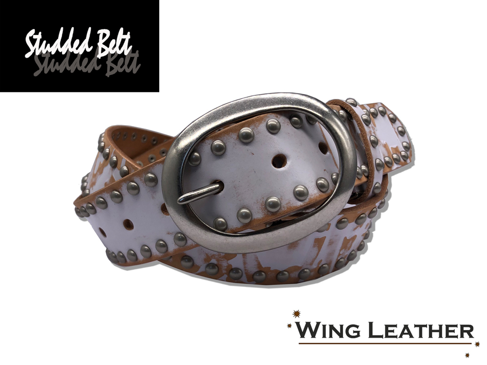 新品 イタリアンレザー カジュアルベルト 本革 牛革 一枚革 スタッズ メンズ レディース 40mm ダメージ加工 白色 ホワイト GTC017-WH拍卖