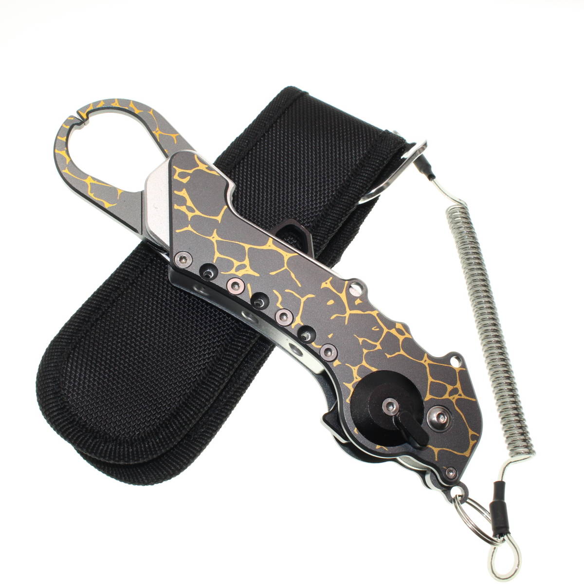 【送料無料】軽量アルミ製 折り畳みフィッシュグリップ フィッシュキャッチャー 魚掴み ガンメタ×ゴールド拍卖